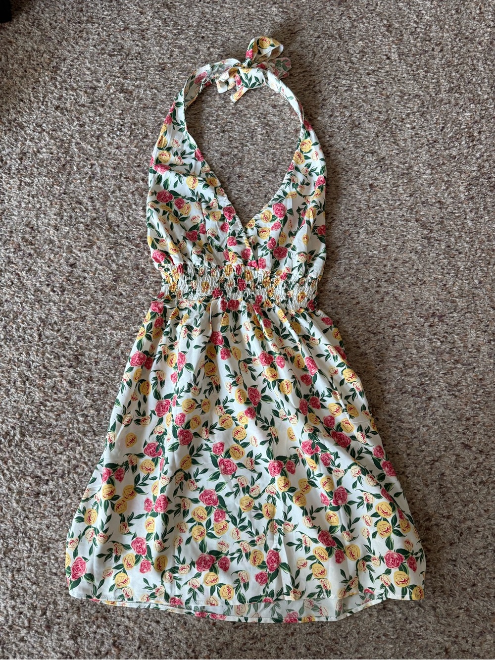Women's ' Floral Halter Dress in White with Pink & Yellow Roses